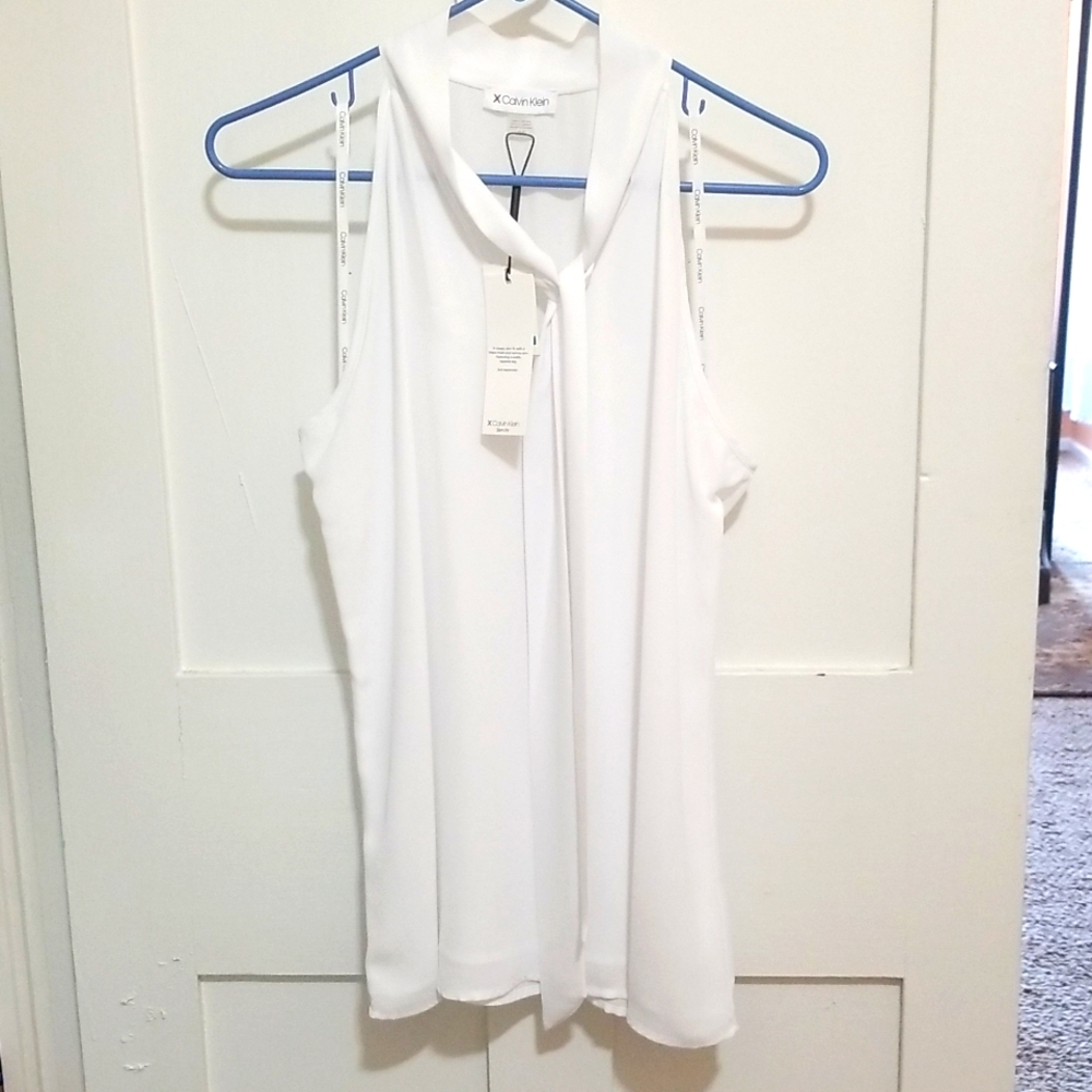 NWT white Calvin Klein top with tie neck detail